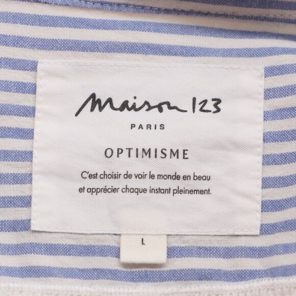 MAISON 123 PARIS Blue Striped V-Neck White Embroidery Flowy Blouse Size L - Picture 7 of 8